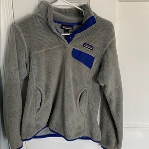 Gray Patagonia Pullover with Purple Accent